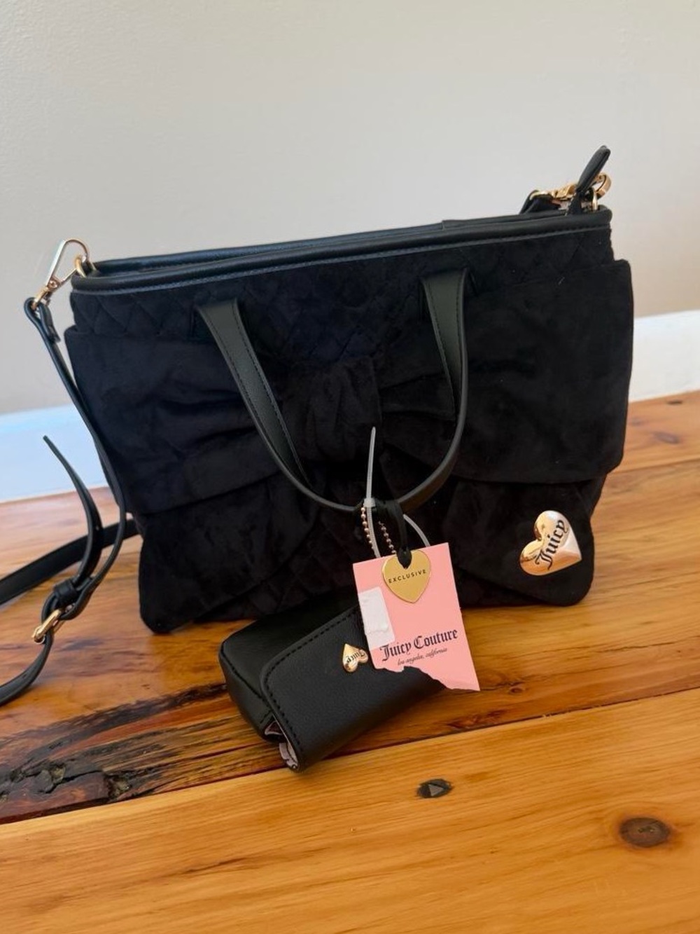 Juicy Couture Black Quilted Bow Crossbody Tote with Matching Wallet